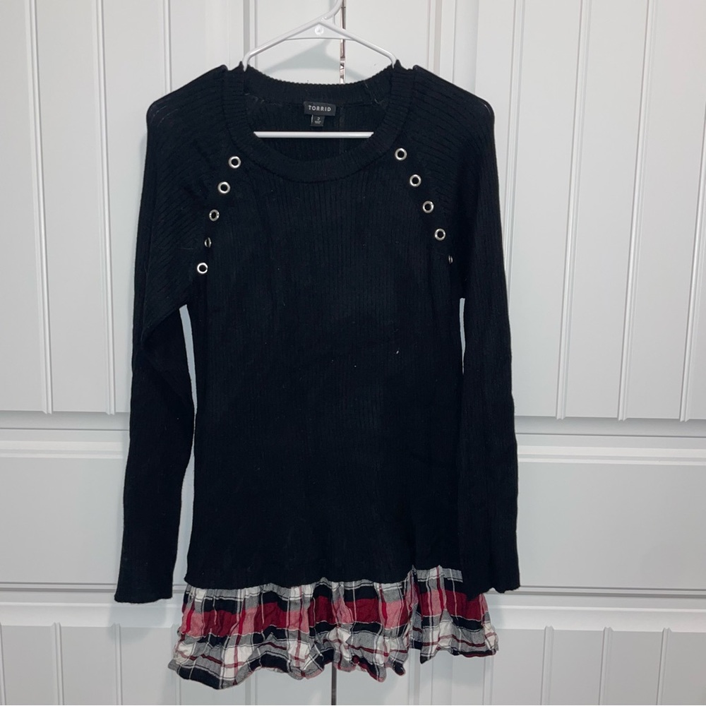 Torrid Black Sweater with Red and White Plaid Hem
